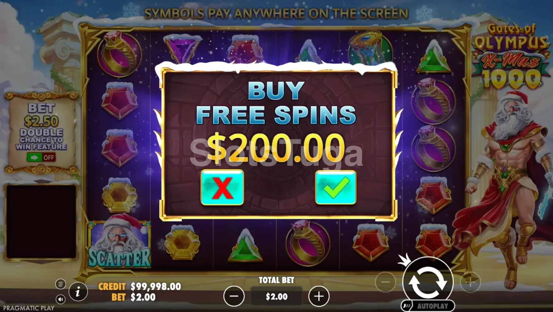 Menu de compra de bônus do Gates of Olympus Xmas 1000 com opções de Free Spins