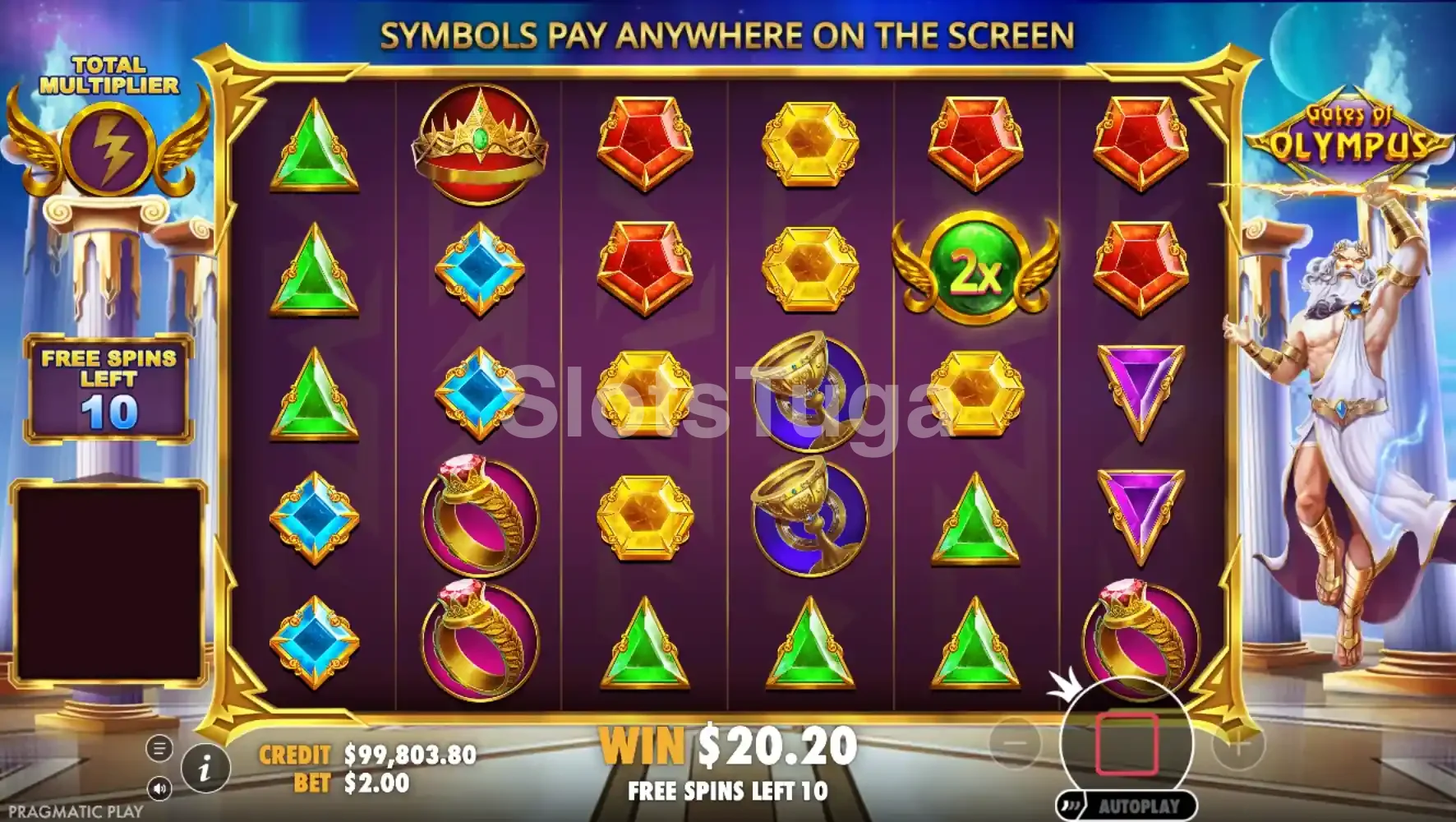 Free spins ativos no Gates of Olympus com multiplicadores acumulados na tela