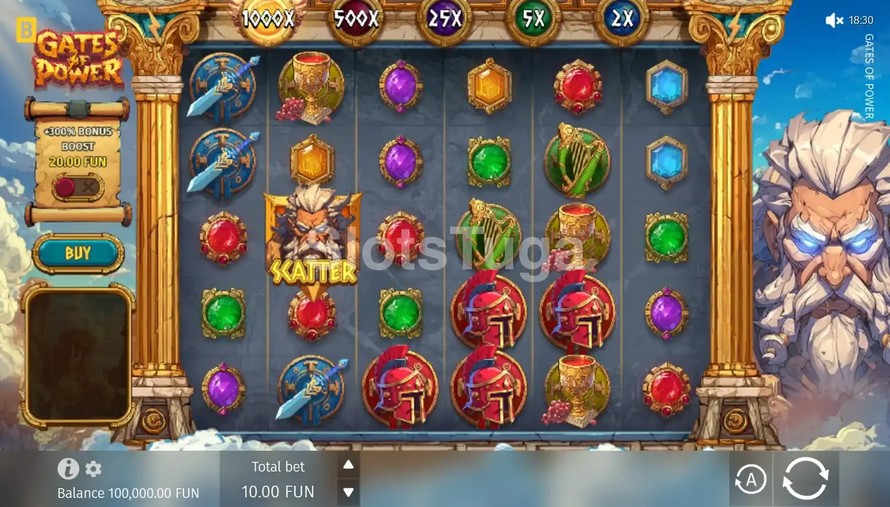 Gates of Power: grelha de seis rolos entre colunas douradas, com espadas, taças, harpas e capacetes vermelhos, a escada de multiplicadores no topo e um Zeus de olhos azuis a brilhar à direita.