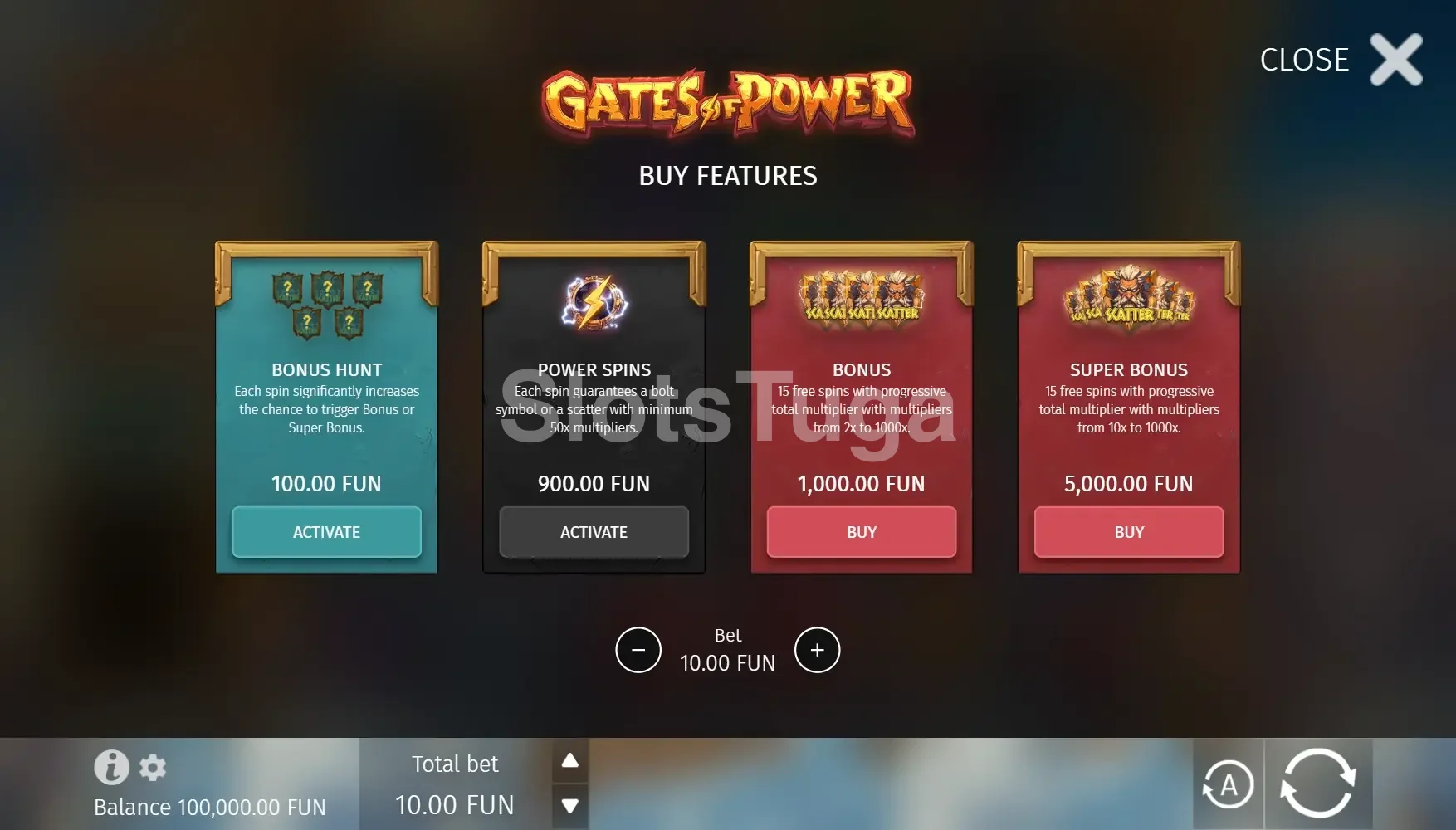 O menu Buy Features de Gates of Power numa aposta de 10 €: modo de caça a 100 €, e compras de 900 €, 1.000 € e 5.000 €.