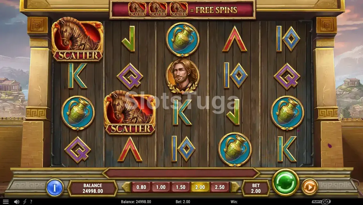 Jogo base da slot Gates of Troy com grid de 5 rolos