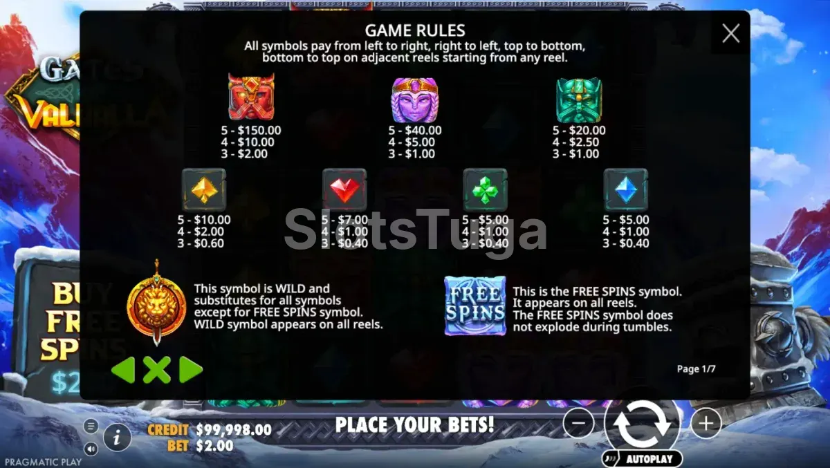 Tabela de pagamentos do Gates of Valhalla com símbolos e multiplicadores