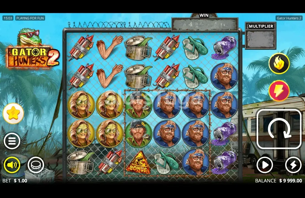 Jogo base de Gator Hunters 2 com a grelha de 6 rolos no pântano