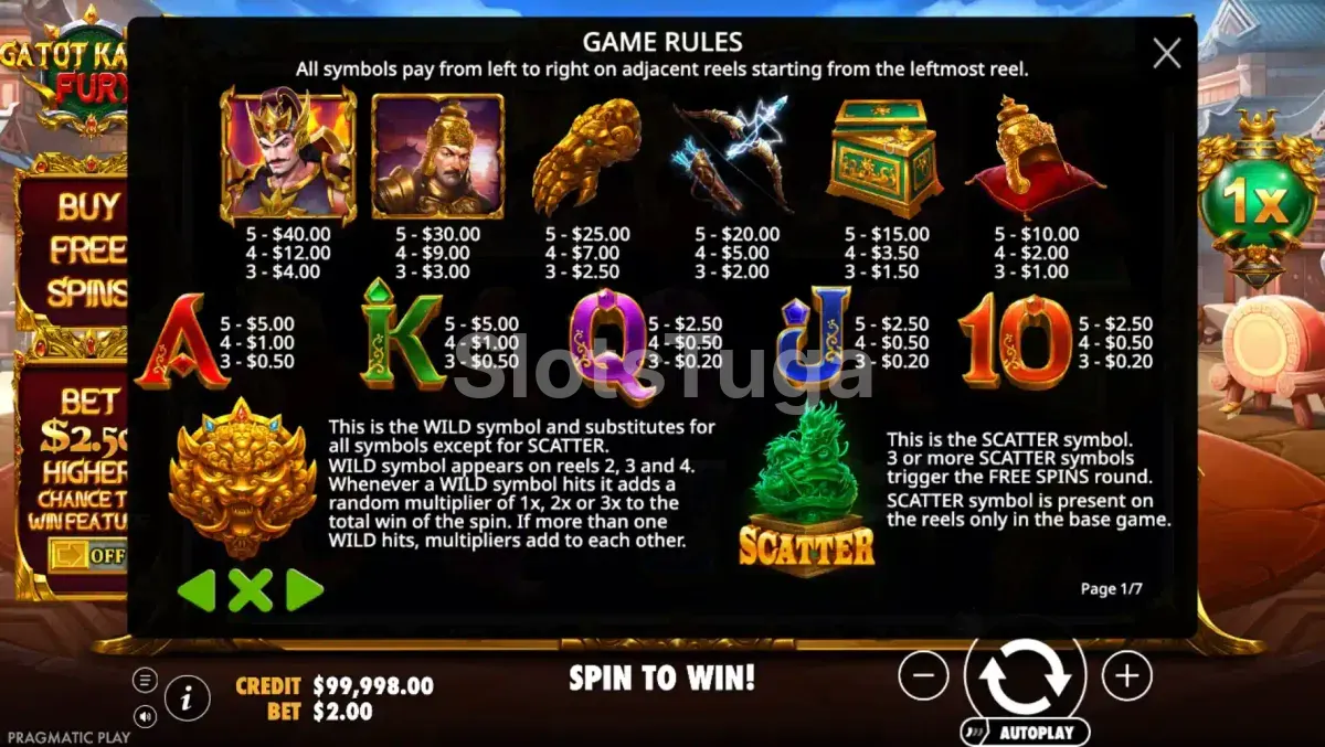Tabela de pagamentos do Gatot Kaca's Fury mostrando os símbolos e prêmios