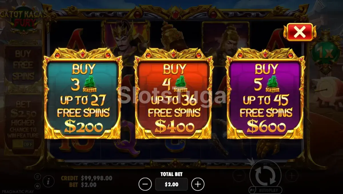 Tela de compra de bônus no Gatot Kaca's Fury com as três opções disponíveis
