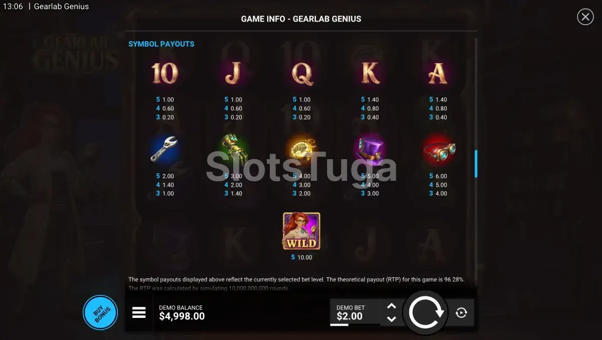 Tabela de pagamentos do slot Gearlab Genius