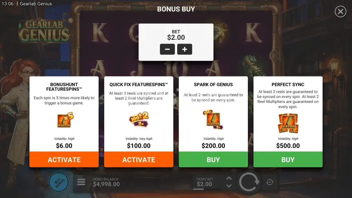Tela de compra de bônus do slot Gearlab Genius