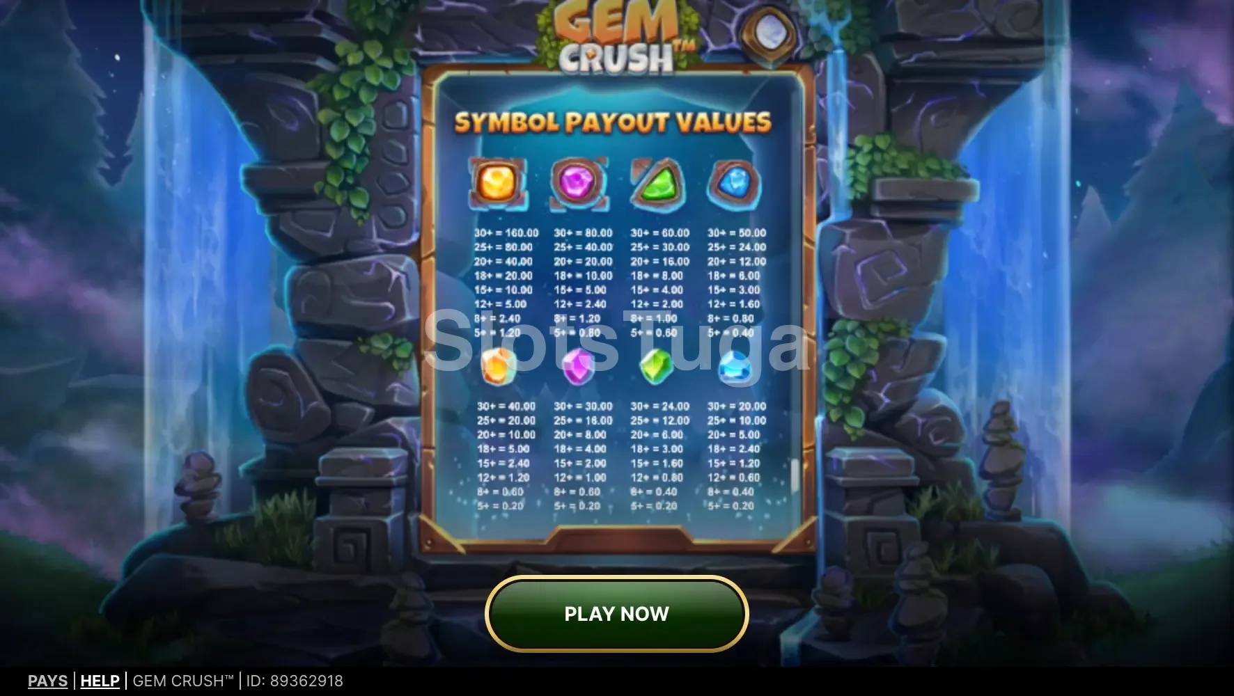 Tabela de pagamentos completa da Gem Crush NetEnt