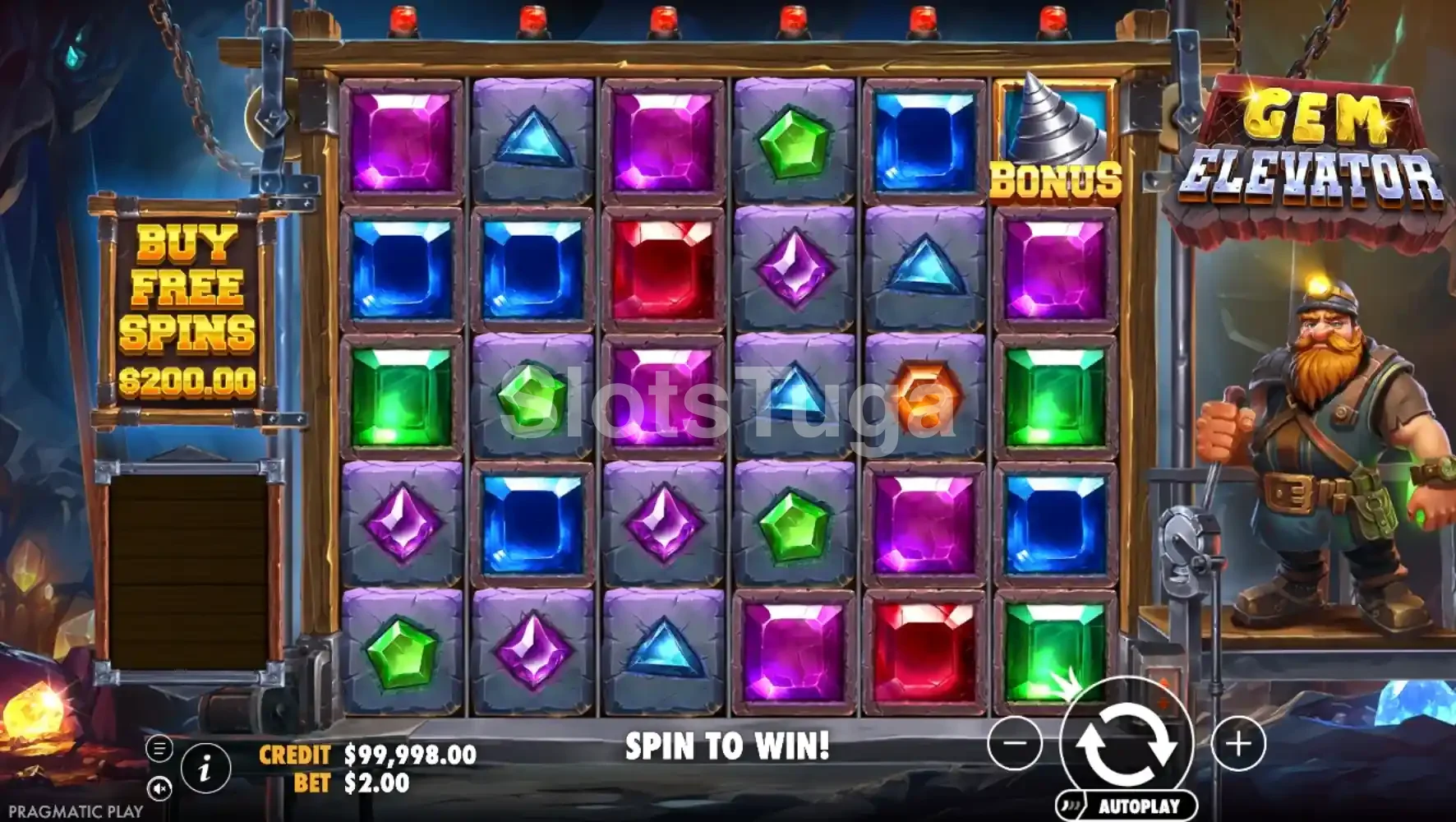 Jogo base da Gem Elevator rodando com gemas coloridas nos rolos