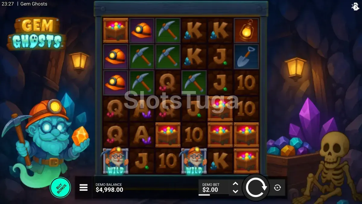 Tela principal do jogo Gem Ghosts com os rouleaux e símbolos de gemas
