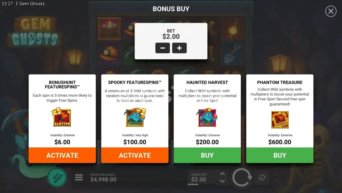 Tela de compra de bônus da Gem Ghosts com as opções disponíveis