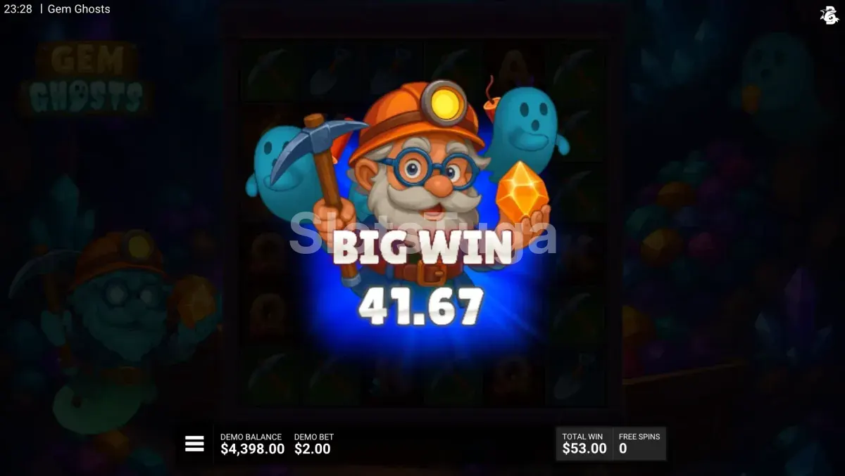 Grande vitória na slot Gem Ghosts com animação de big win