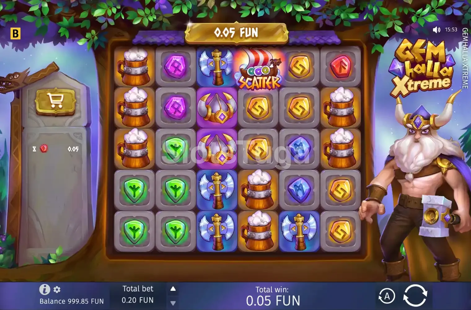 Tela principal do jogo Gemhalla Xtreme com símbolos nórdicos e gemas