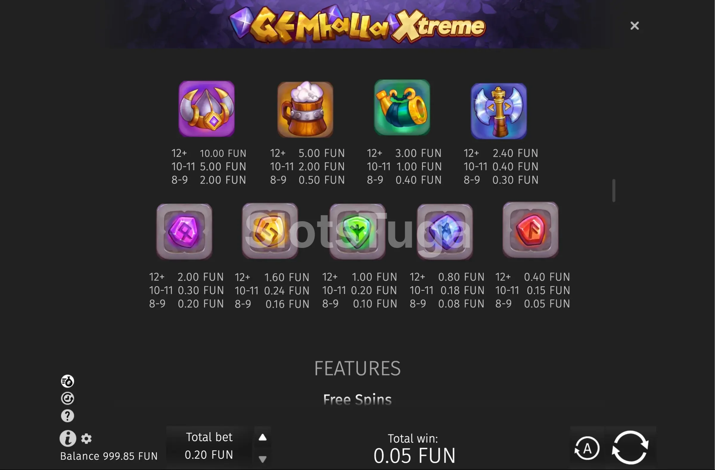 Tabela de pagamentos da slot Gemhalla Xtreme mostrando símbolos e valores