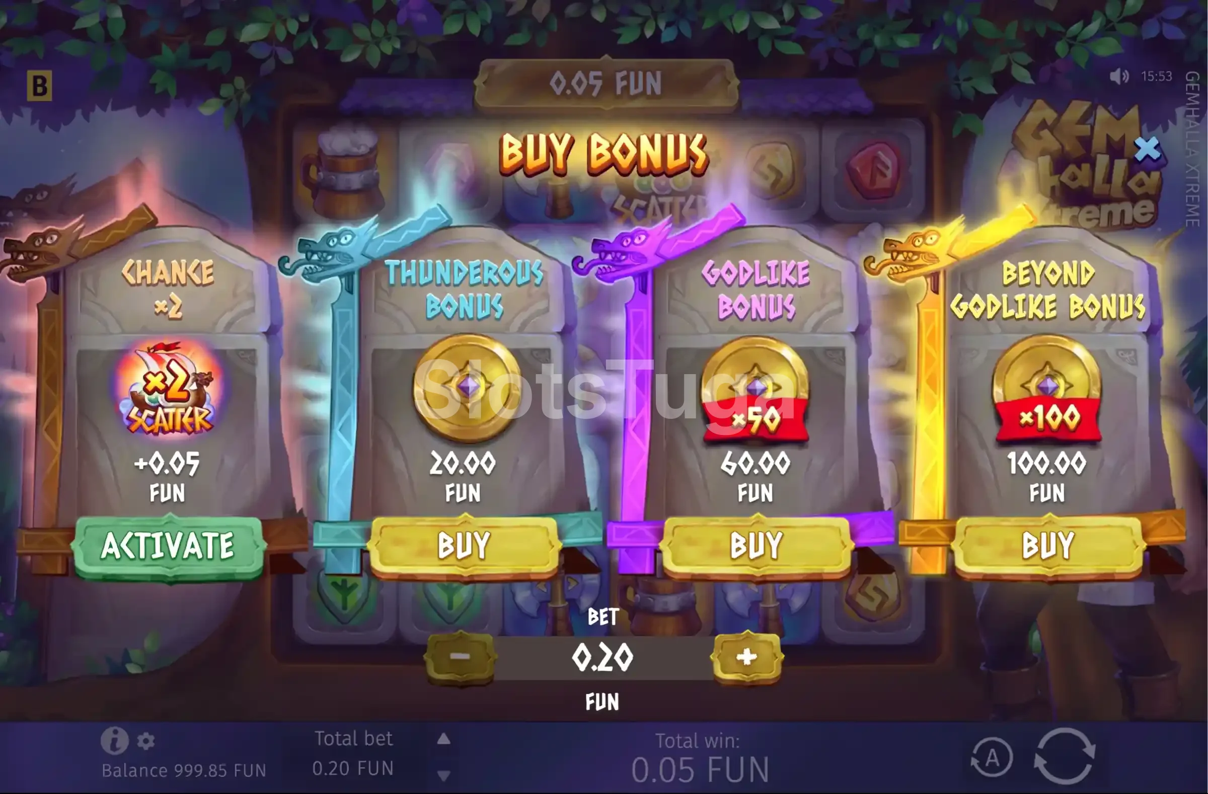 Menu de compra de bônus da Gemhalla Xtreme com diferentes opções disponíveis