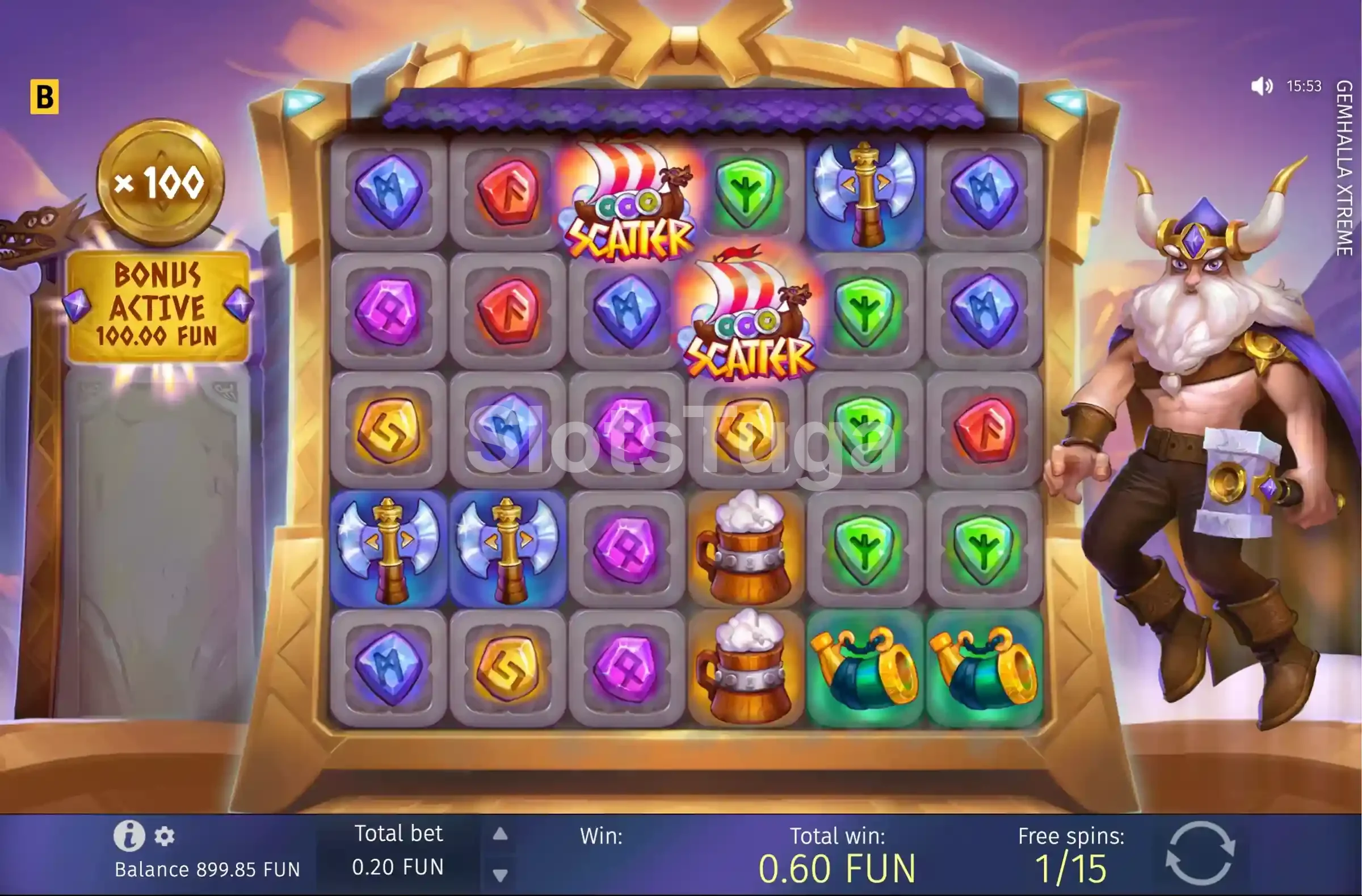 Rodada de giros grátis em andamento na slot Gemhalla Xtreme
