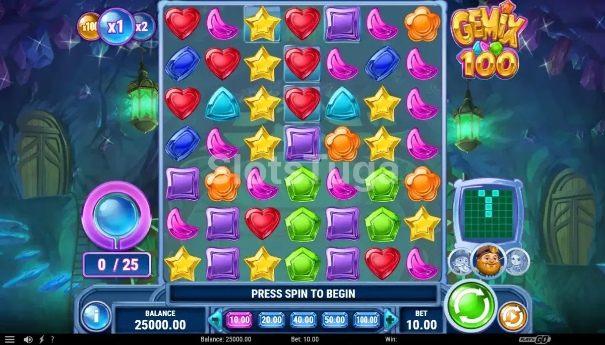 Gemix 100 em jogo base: grelha de sete por sete com corações vermelhos, estrelas amarelas, gemas roxas, azuis, verdes e laranja, o medidor Crystal Charge a zero à esquerda, o padrão a completar à direita e o multiplicador x1 no canto, num bosque encantado com lanternas.
