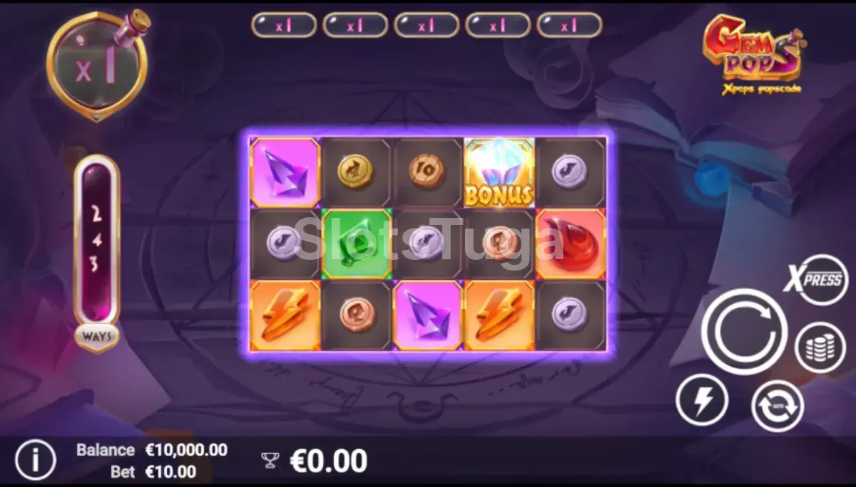 Jogo base da GemPops com gemas coloridas nos rolos