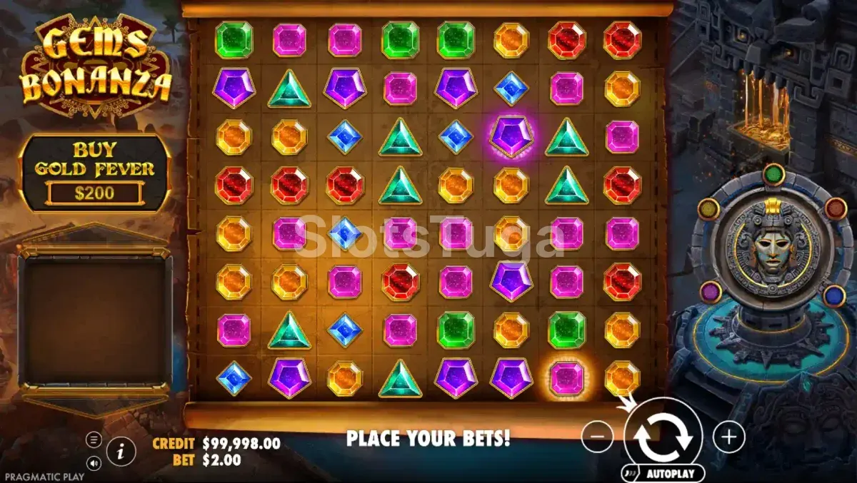 Jogo base da Gems Bonanza com grade 8x8 repleta de pedras coloridas