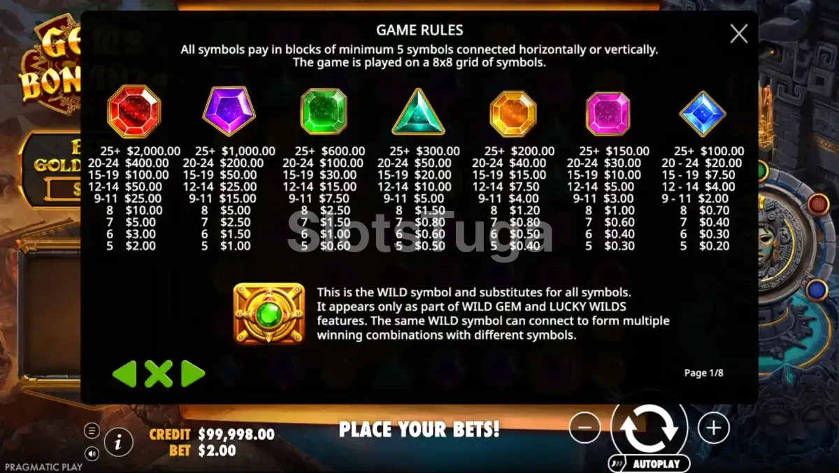 Tabela de pagamentos da Gems Bonanza mostrando valores das pedras preciosas