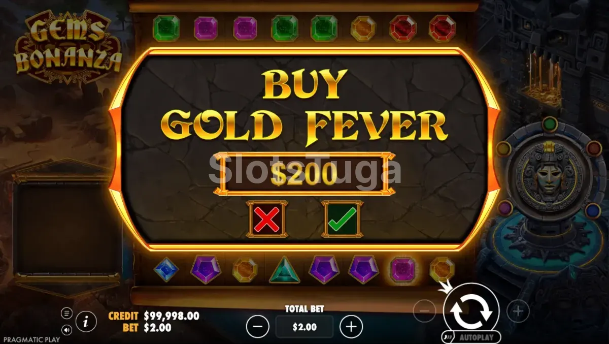 Opção de compra de bônus da Gems Bonanza com custo de 100x a aposta
