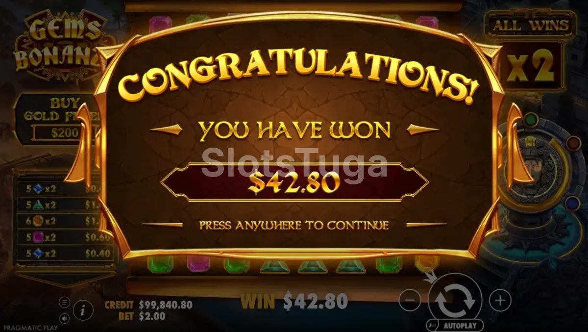 Grande vitória na Gems Bonanza com multiplicador Gold Fever ativado