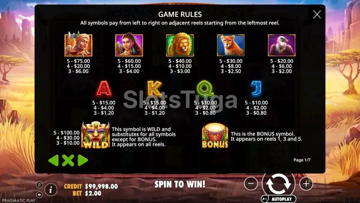 Tabela de pagamentos da slot Gems of Serengeti