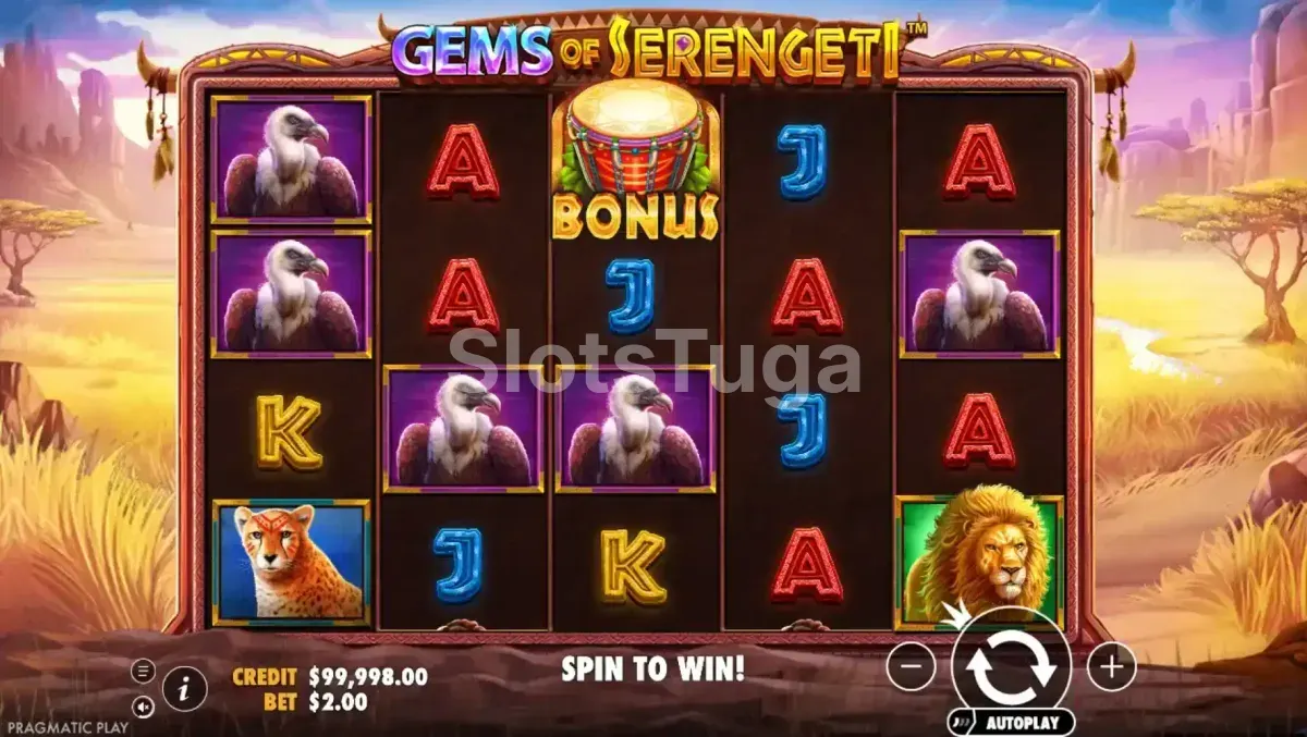 Jogo base da Gems of Serengeti com savana ao fundo