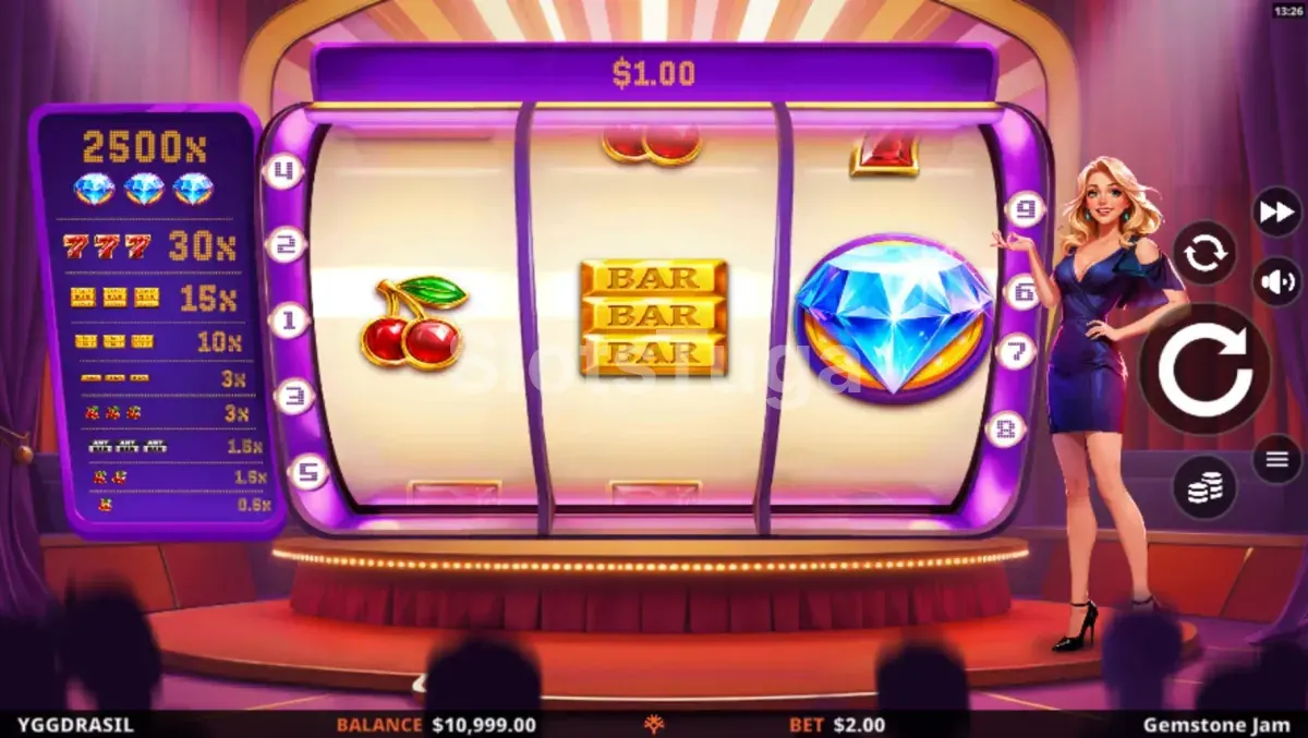 Jogo base da slot Gemstone Jam com gemas coloridas nos rouleaux