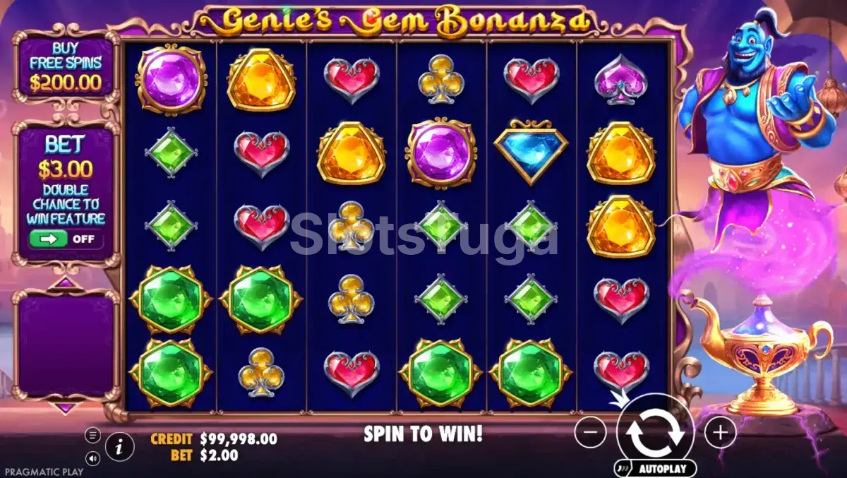 Tela principal do jogo Genie's Gem Bonanza com o grid de 6x5 e gemas coloridas