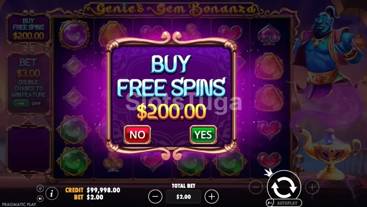 Tela de compra de bônus do Genie's Gem Bonanza com as opções disponíveis