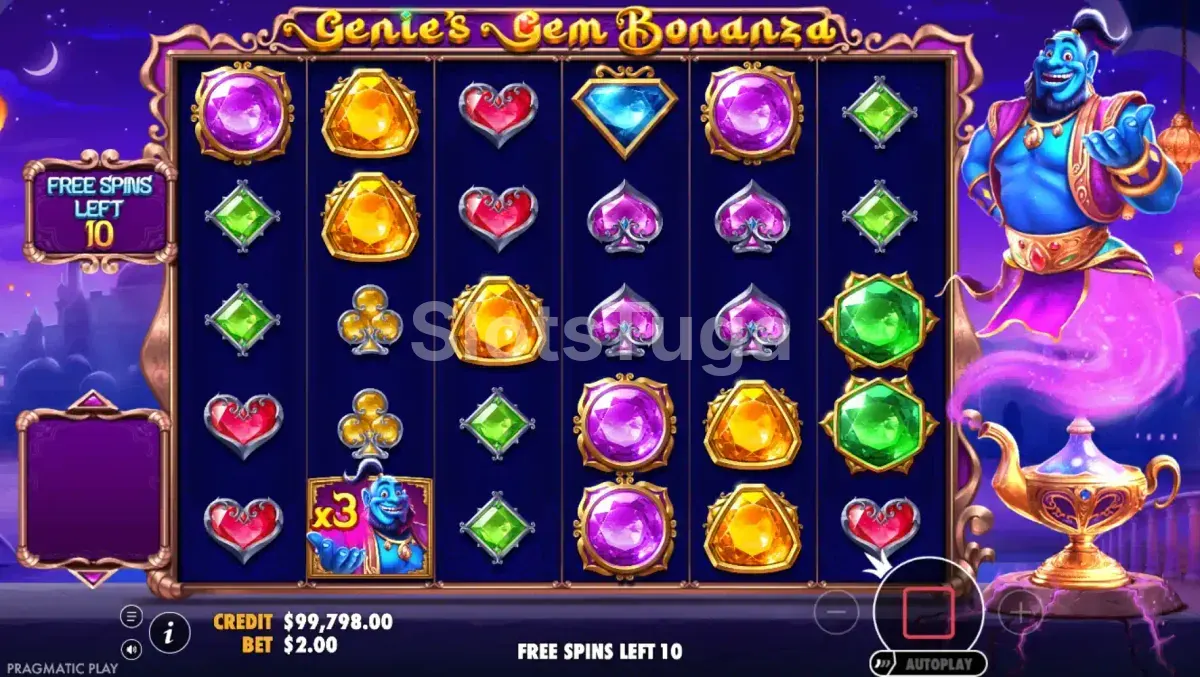 Rodada de giros grátis do Genie's Gem Bonanza com multiplicadores ativos no grid
