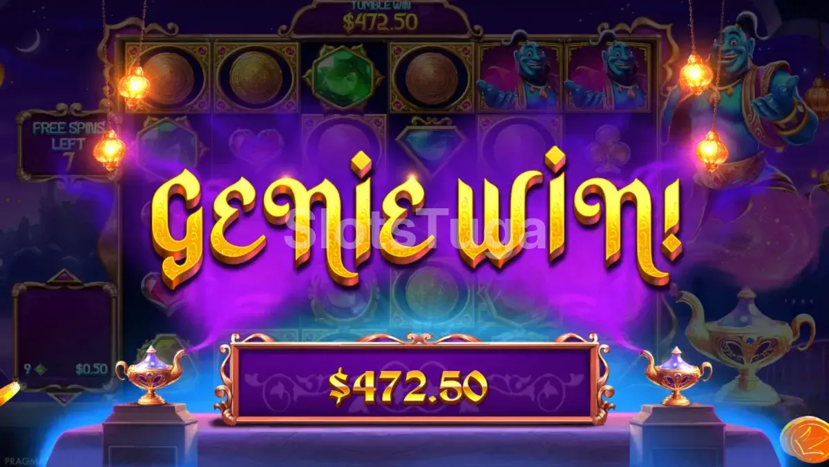 Grande vitória no Genie's Gem Bonanza com multiplicadores e gemas empilhadas