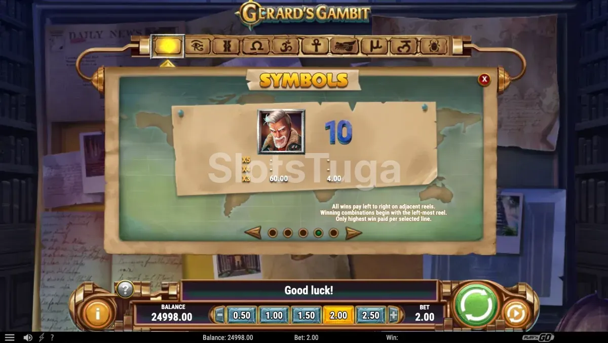 Tabela de pagamentos do Gerard's Gambit com símbolos de cada destino