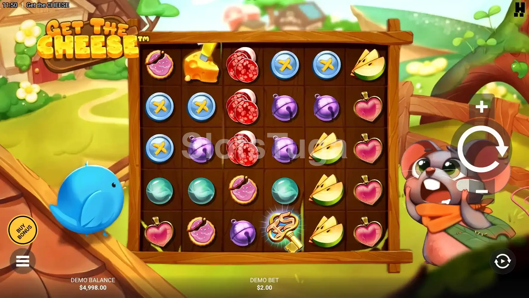 Jogo base da slot Get The Cheese com grid 6x5 e personagens animados
