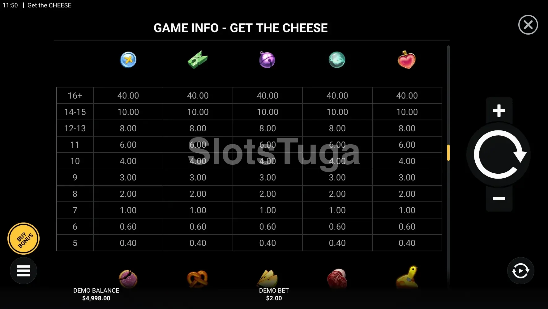 Tabela de pagamentos da slot Get The Cheese com todos os símbolos
