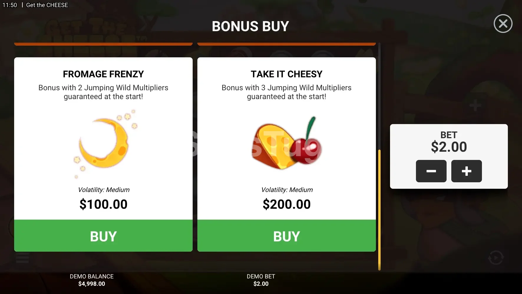 Opções de Bonus Buy disponíveis na slot Get The Cheese