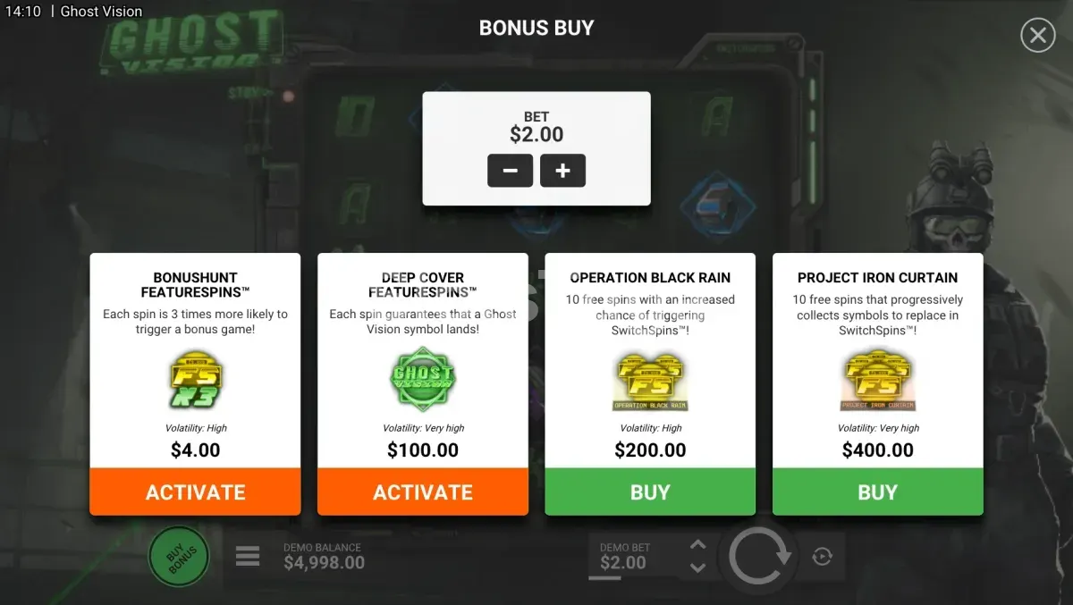 Ecrã de compra de bónus de Ghost Vision com as opções disponíveis