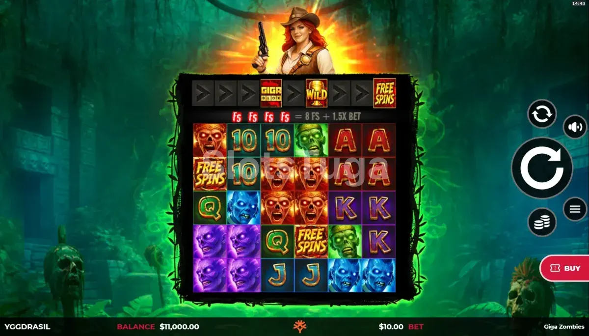 Tela principal do jogo Giga Zombies com a grade 6x5 na selva