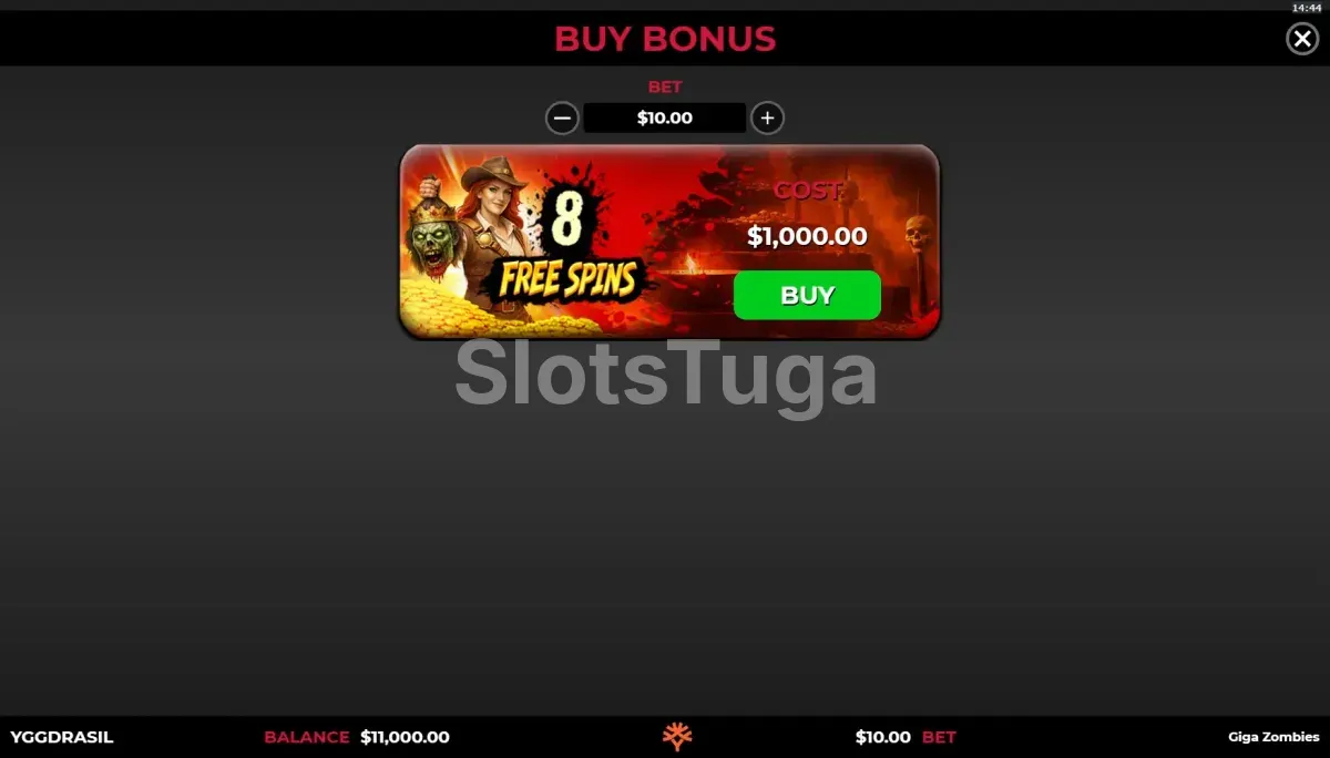 Tela de compra de bônus da Giga Zombies com opção Bonus Buy