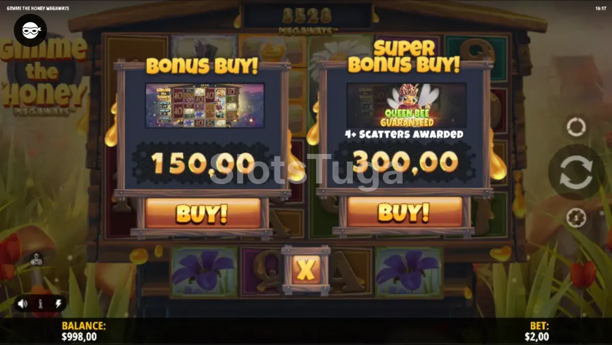 Tela de compra de bônus da Gimme the Honey Megaways com opções disponíveis