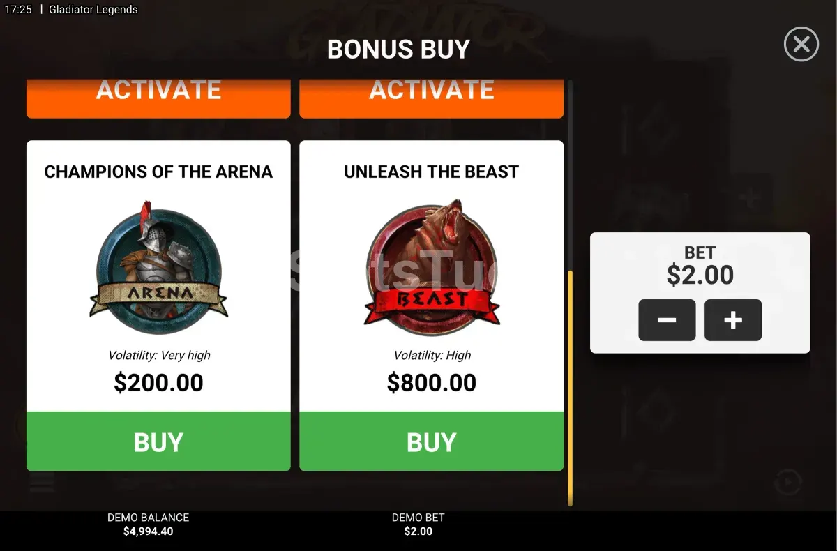 Tela de compra de bônus da Gladiator Legends com as opções disponíveis