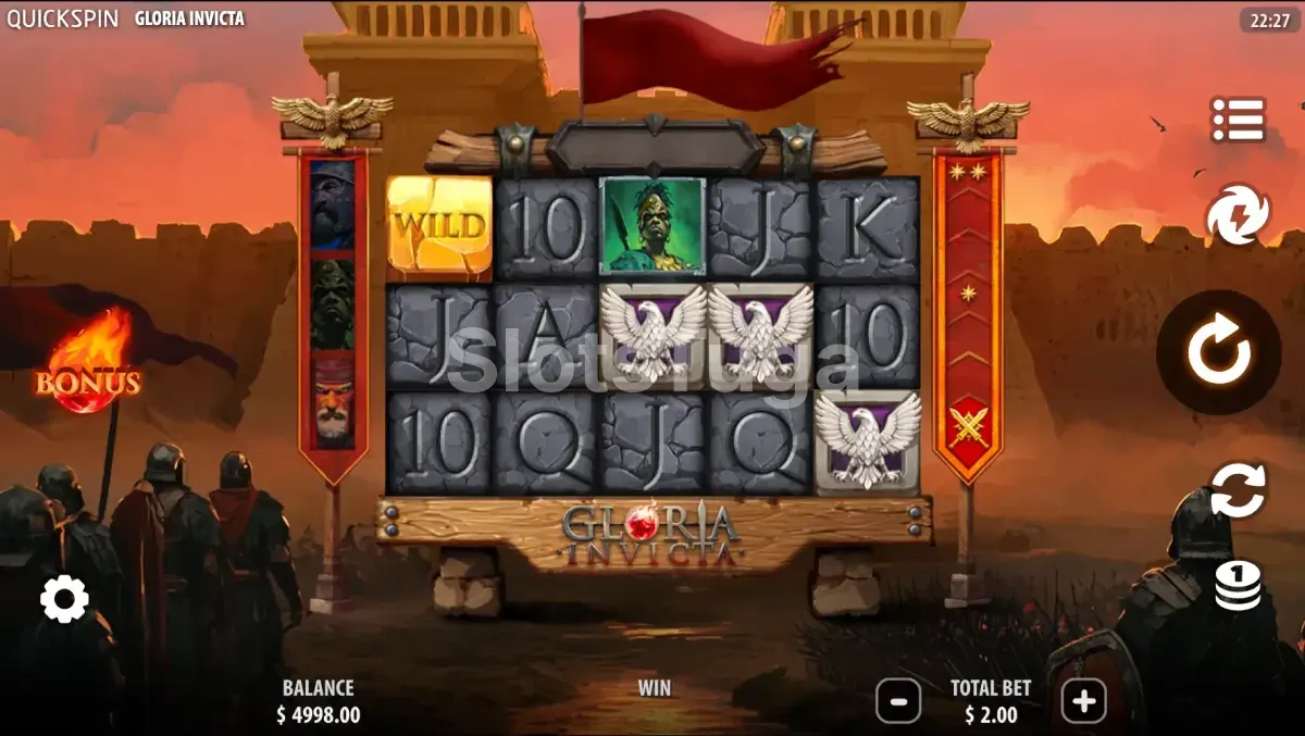 Jogo base da slot Gloria Invicta, rouleaux e símbolos em ação