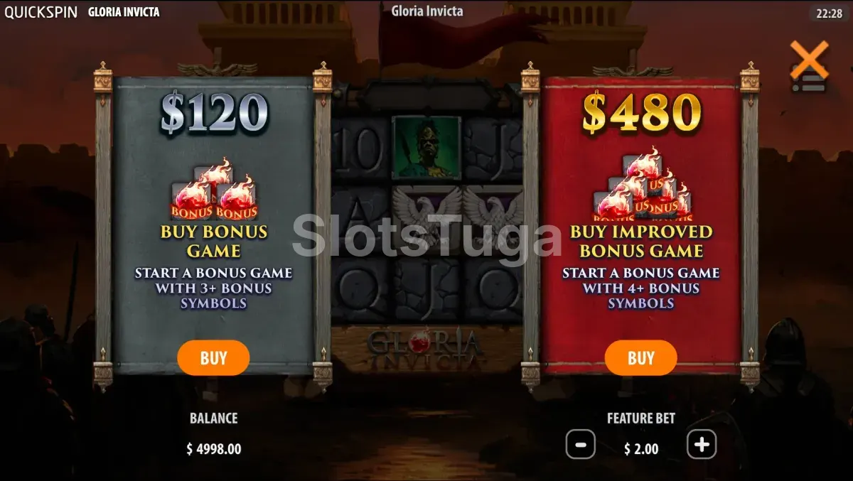 Tela de compra de bônus da Gloria Invicta, opções de Bonus Buy