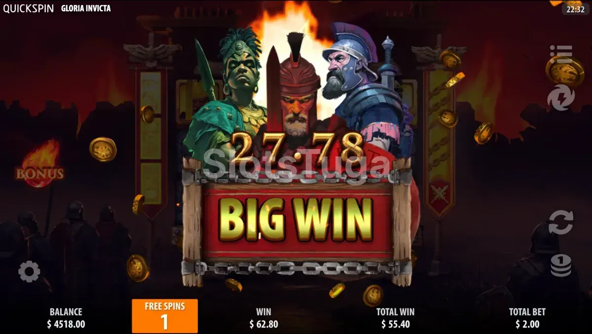 Grande vitória na Gloria Invicta, tela de big win com multiplicador alto