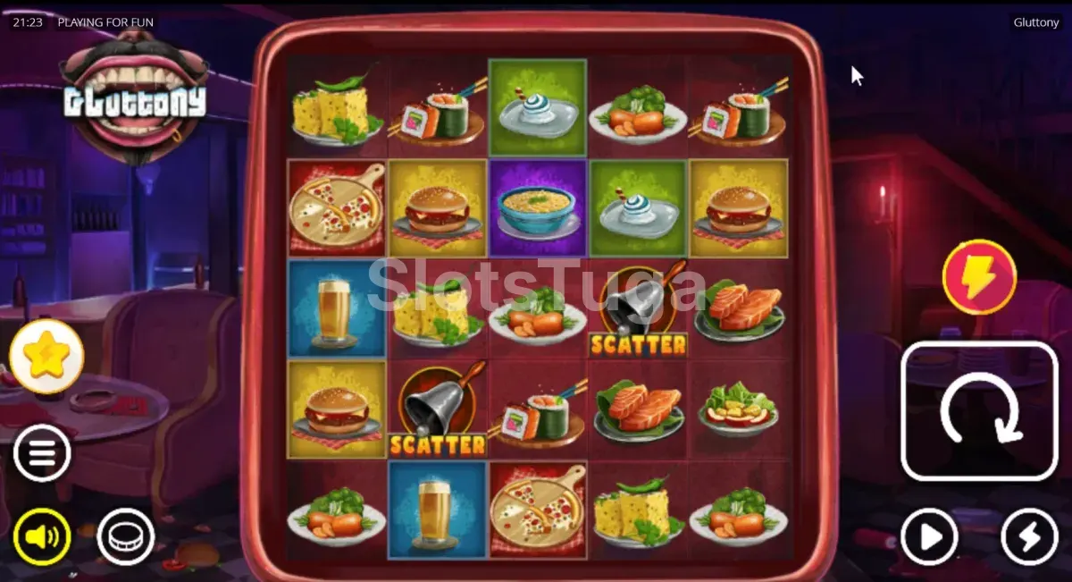 Jogo base da slot Gluttony com rouleaux e símbolos temáticos