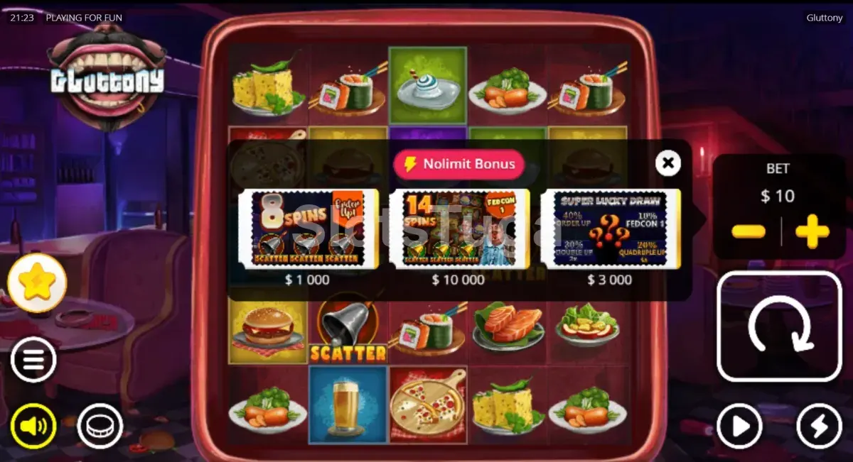 Tela de compra de bônus da Gluttony com opções disponíveis