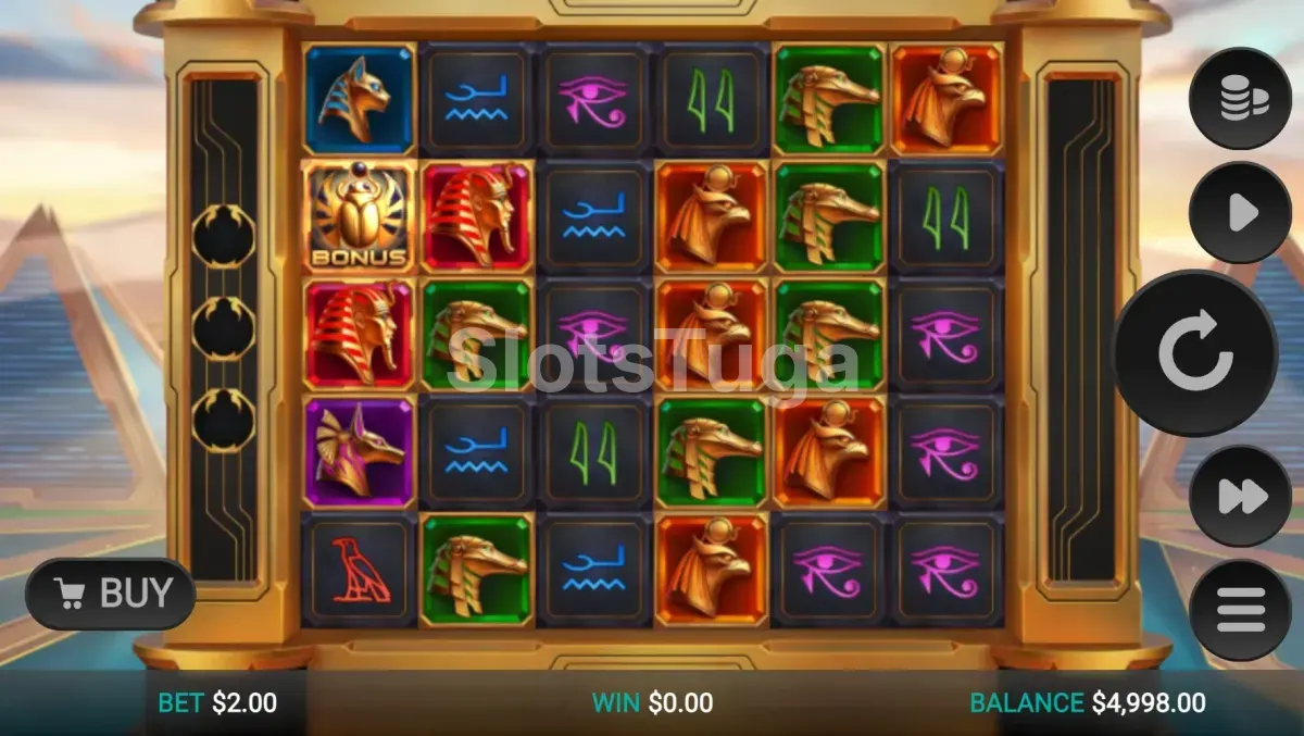 Jogo base da slot Glyph of Gods com grid futurista egípcia