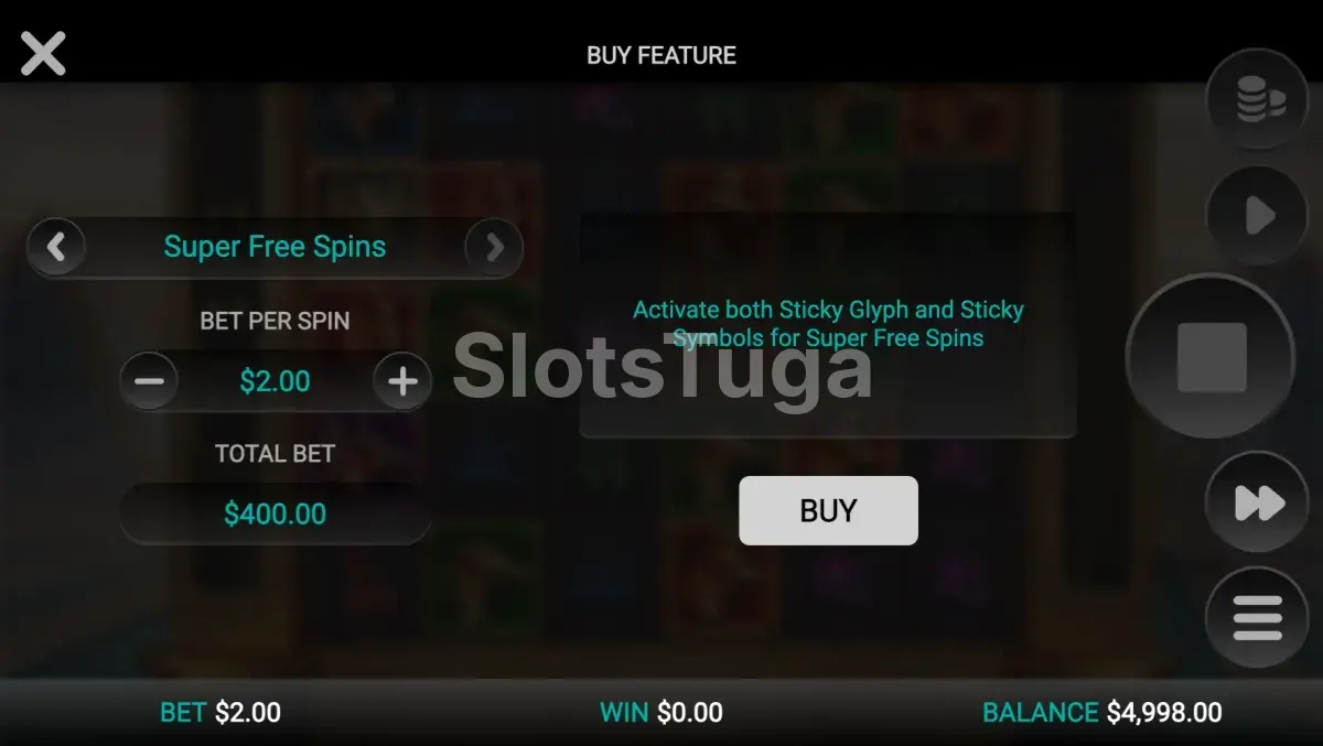 Tela de compra de bônus da Glyph of Gods com opções de free spins