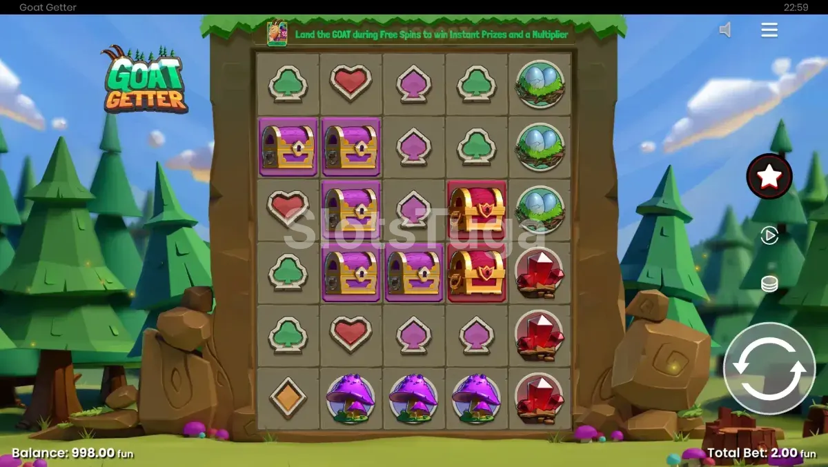 Jogo base do Goat Getter com grid de símbolos e cabras na tela